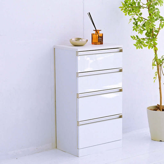 リビングチェスト おしゃれ 白 鏡面 薄型 スリム 4段 奥行30cm 幅40 高さ75 flatoo(フラトゥー )コンパクト商品専門店