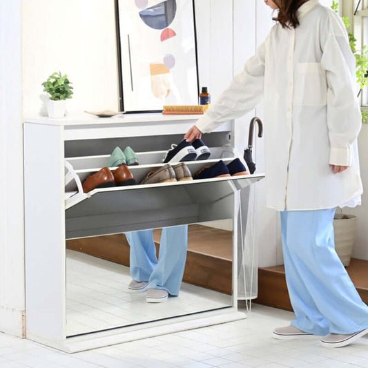 シューズボックス スリム おしゃれ 薄型 鏡付き ミラー 幅90 2段 16足 下駄箱 靴箱 ラック flatoo(フラトゥー )コンパクト商品専門店