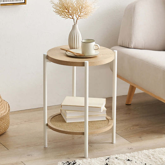 サイドテーブル おしゃれ 丸 二段 小さめ ベッド ラタン 韓国 ナチュラル 高さ50cm flatoo(フラトゥー )コンパクト商品専門店